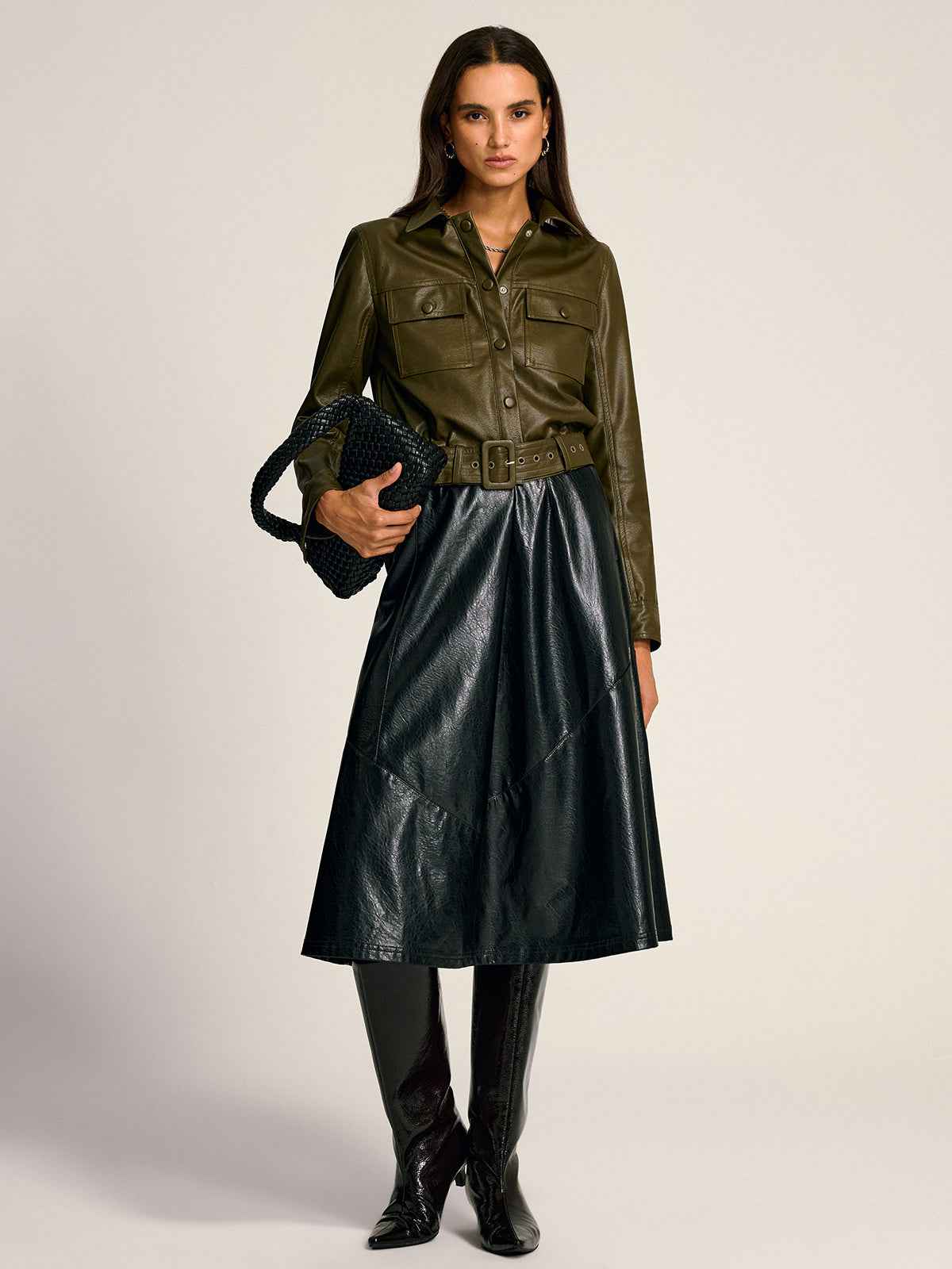 Teressa | Women's Belted PU Leather Cargo Utility Shirt Jacket