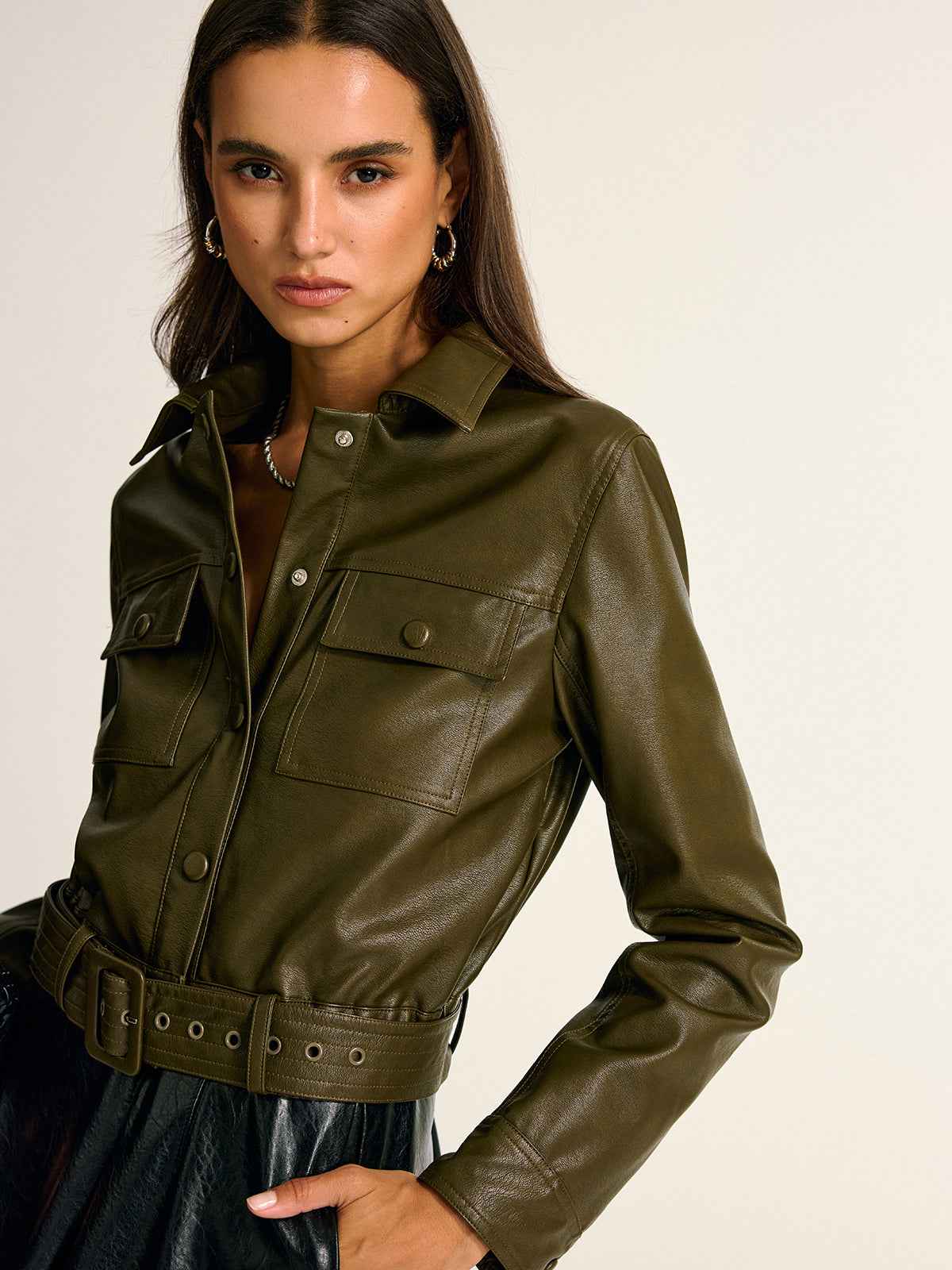 Teressa | Women's Belted PU Leather Cargo Utility Shirt Jacket