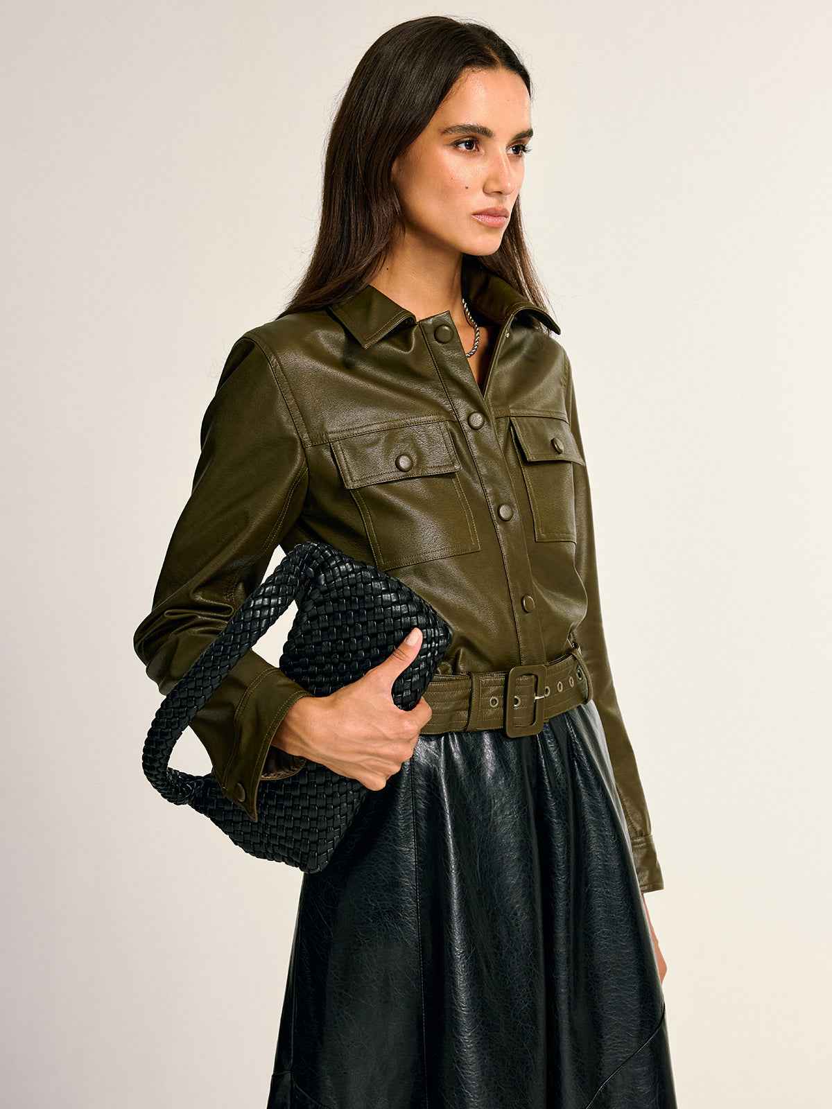 Teressa | Women's Belted PU Leather Cargo Utility Shirt Jacket