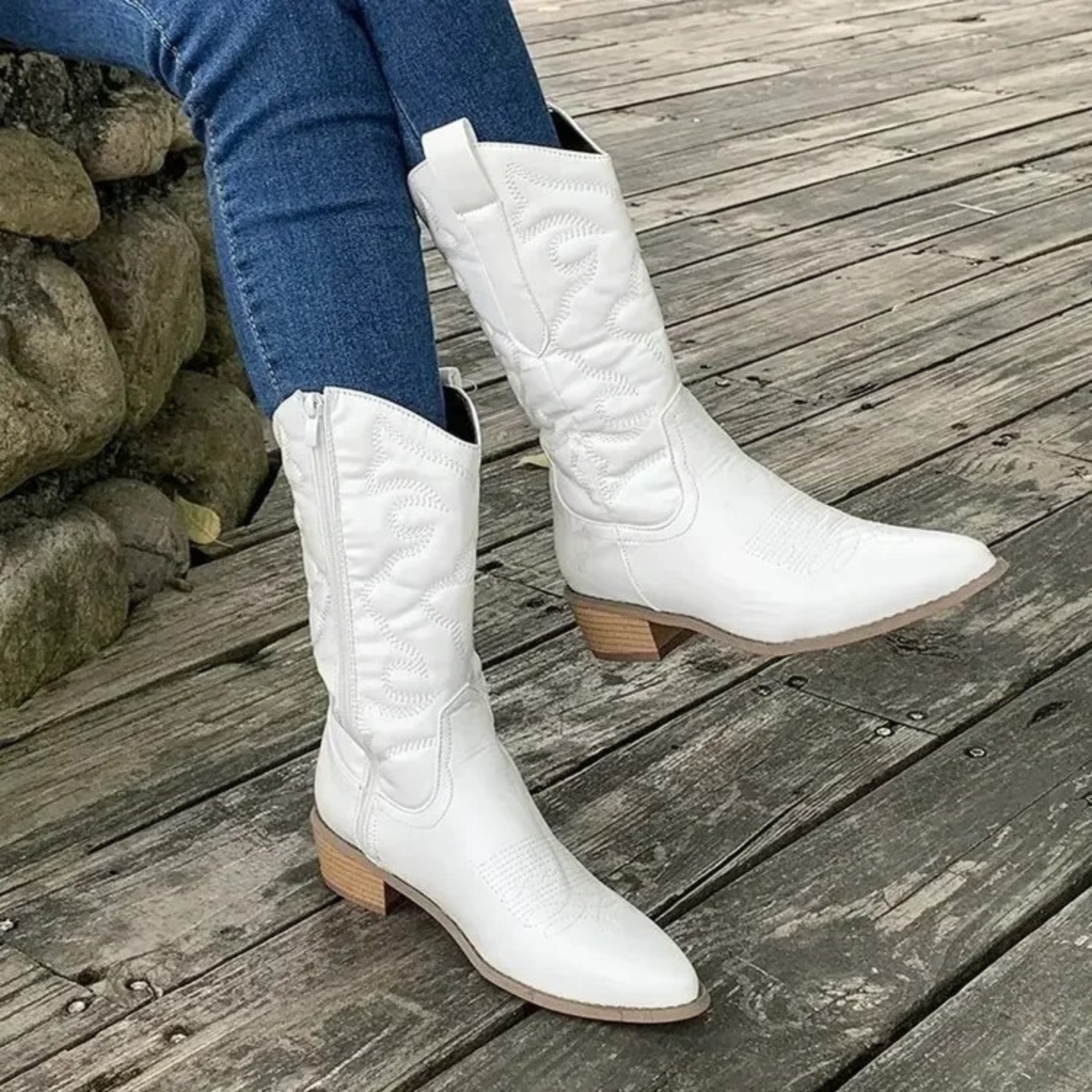 Ava | Elegant White Pointed Leather Cowboy Boots 3