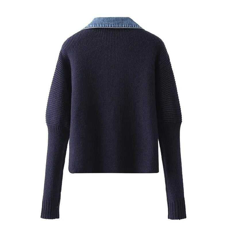 Demi | Women's Denim Metal Button V-Neck Long Sleeve Knit Top